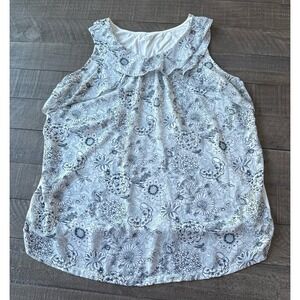Loft Outlet Women's Sleeveless Floral Ruffle Front Blue White Top Size XL
